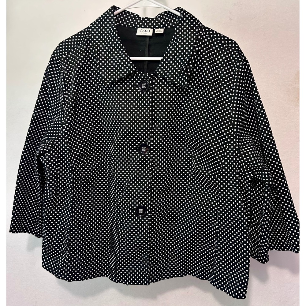 Cato Woman Black White Polka Dot Button Front Jacket 18/20W 3/4 Sleeve Cotton